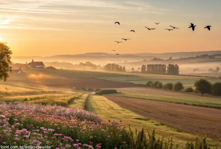 Imagem de uma manhã de sexta-feira com paisagem campestre iluminada pelo sol e flores desabrochando