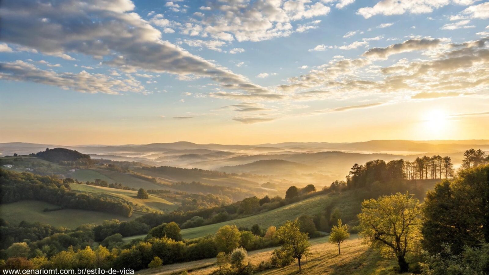 Paisagem tranquila com um amanhecer suave sobre as colinas, representando um começo positivo para o dia