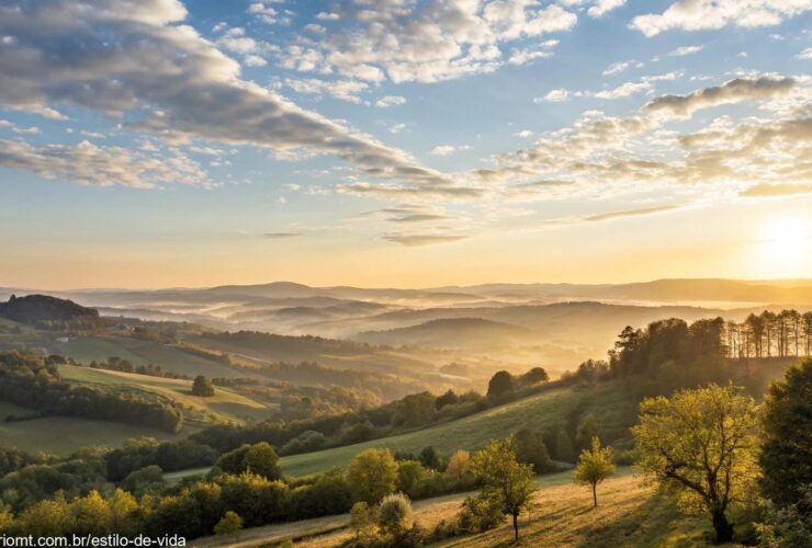 Paisagem tranquila com um amanhecer suave sobre as colinas, representando um começo positivo para o dia