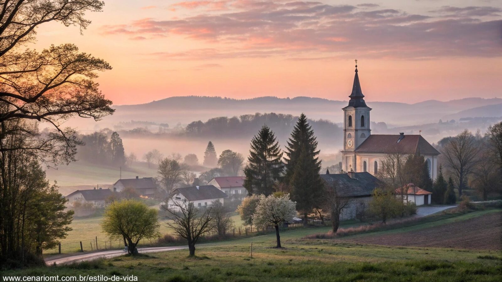 Amanhecer sereno de uma Sexta-Feira Santa em uma vila tranquila com uma igreja ao fundo