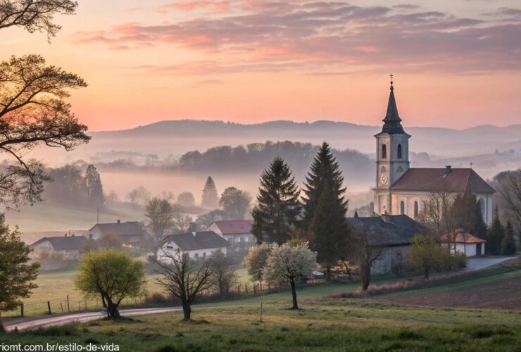 Amanhecer sereno de uma Sexta-Feira Santa em uma vila tranquila com uma igreja ao fundo