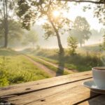 Manhã ensolarada de terça-feira no campo com natureza tranquila e uma xícara de café sobre a mesa