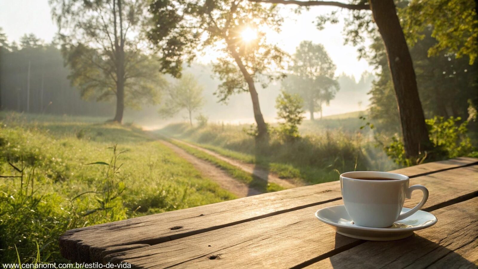 Manhã ensolarada de terça-feira no campo com natureza tranquila e uma xícara de café sobre a mesa