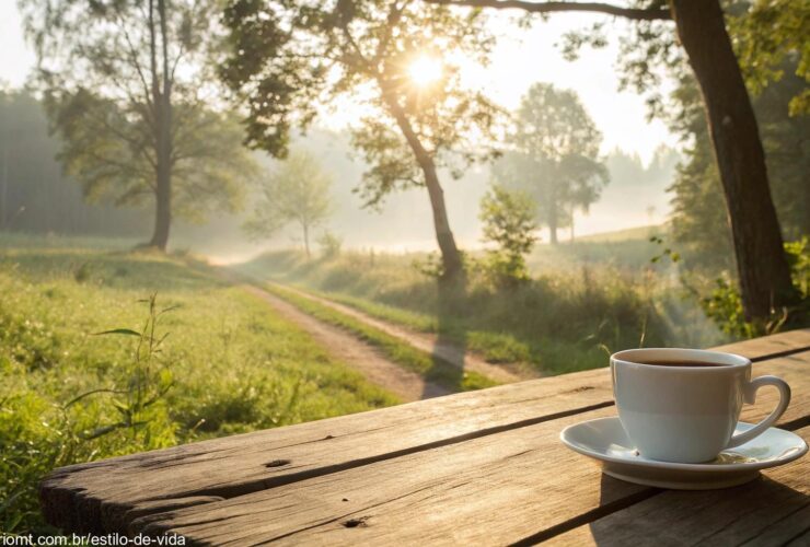 Manhã ensolarada de terça-feira no campo com natureza tranquila e uma xícara de café sobre a mesa