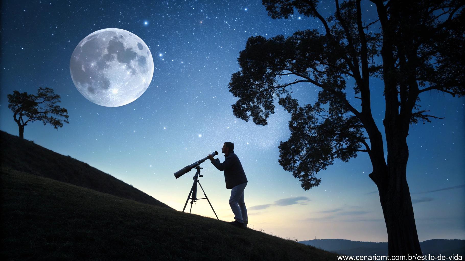 Pessoa observando a lua com telescópio em uma colina sob o céu estrelado