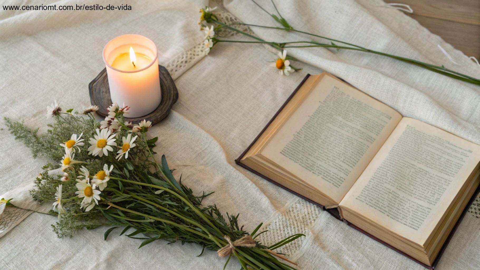 Vista superior de espaço simples de oração com vela, livro aberto e flores silvestres sobre tecido neutro