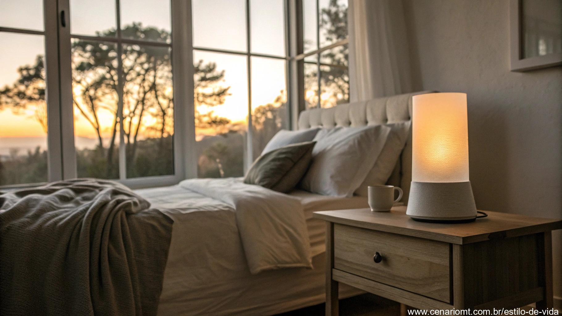 Um quarto tranquilo ao amanhecer com uma Bíblia na mesa de cabeceira e luz suave entrando pela janela