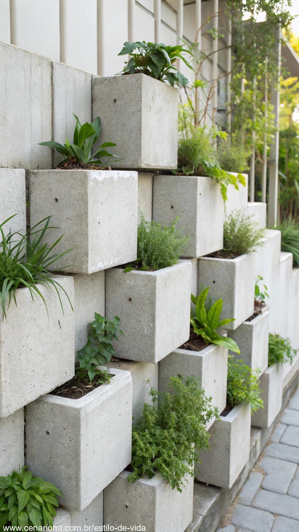Blocos de cimento formando nichos com plantas