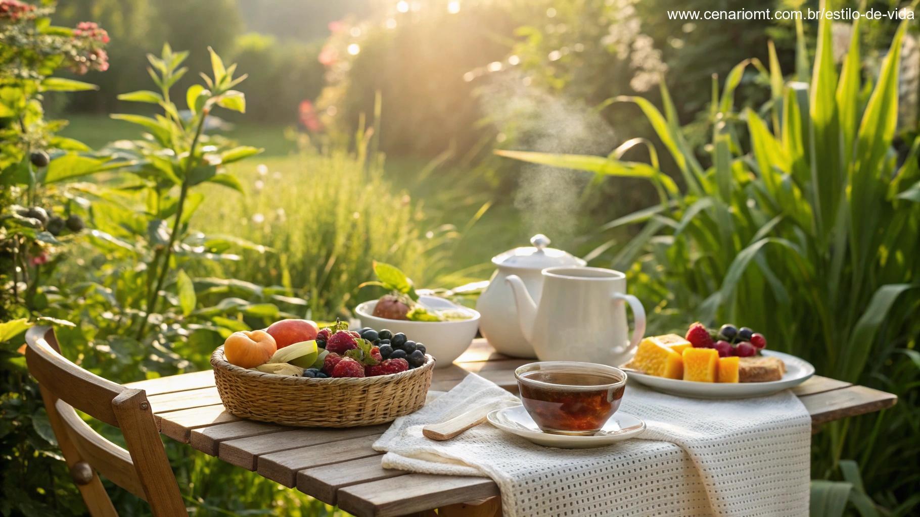 Mesa de café da manhã no jardim com frutas, chá e plantas simbolizando boas energias