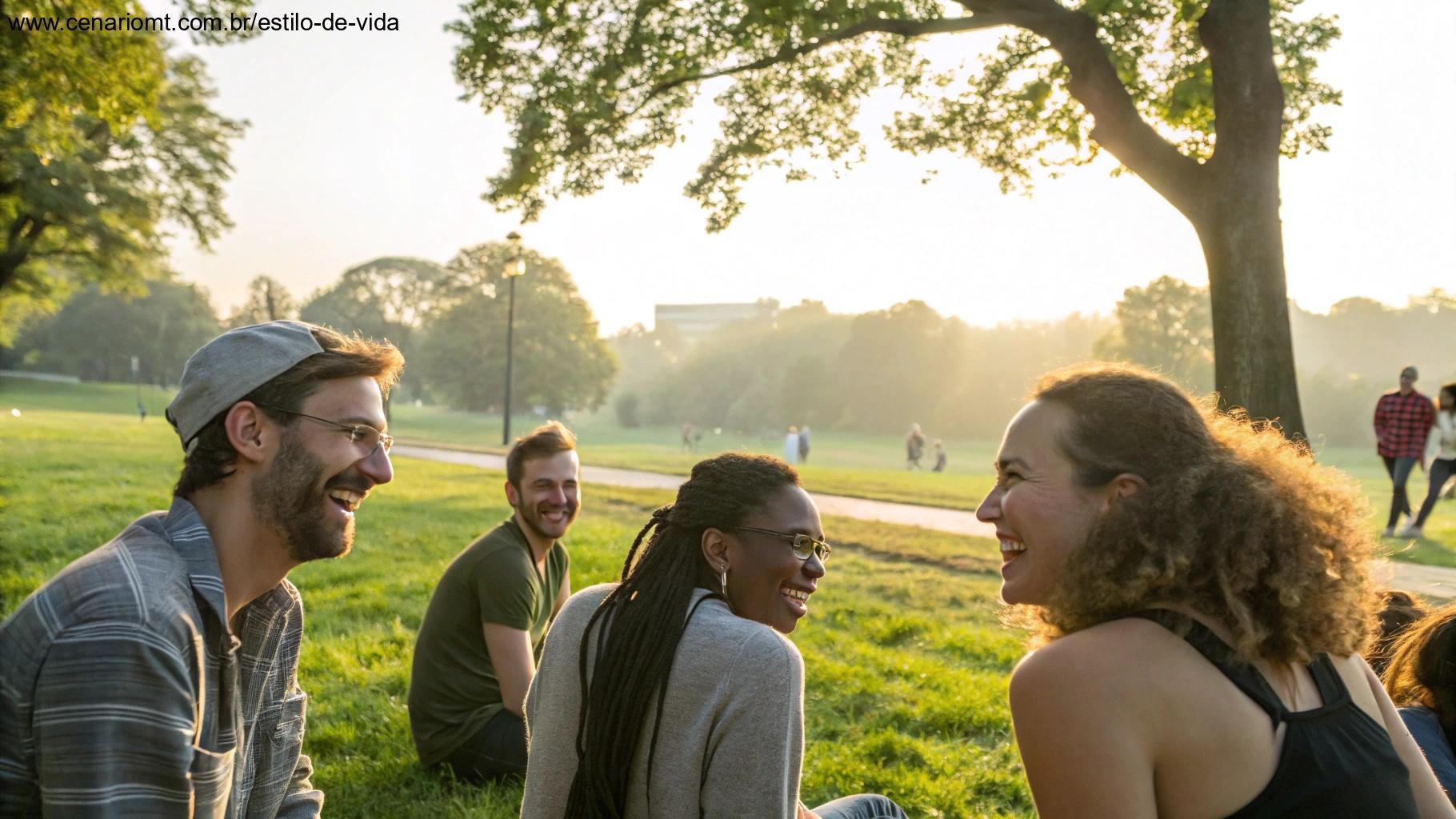 Grupo de amigos em um parque ensolarado aproveitando o início da semana com alegria