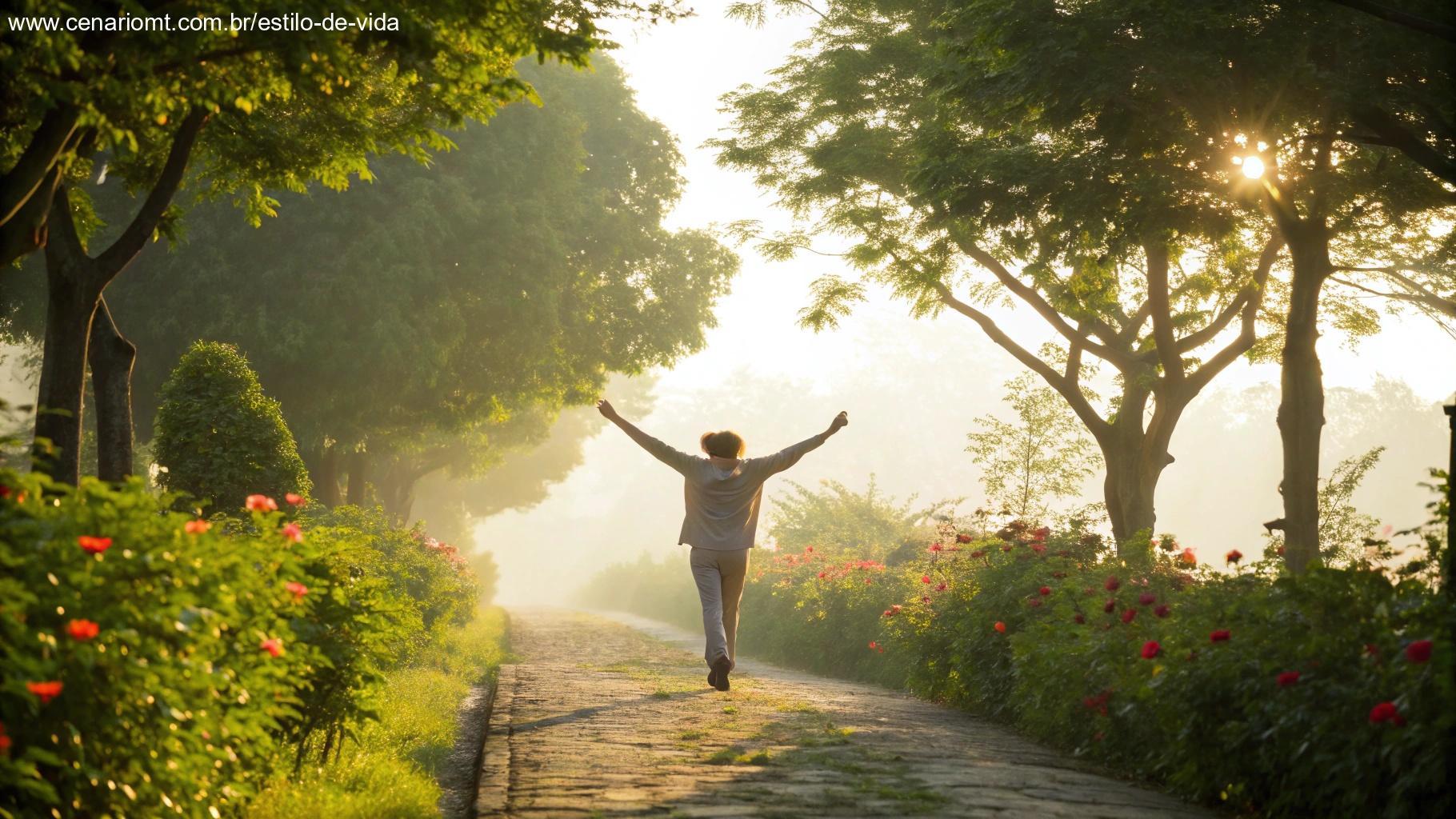 Pessoa feliz caminhando na natureza ao sol da manhã, simbolizando boas energias