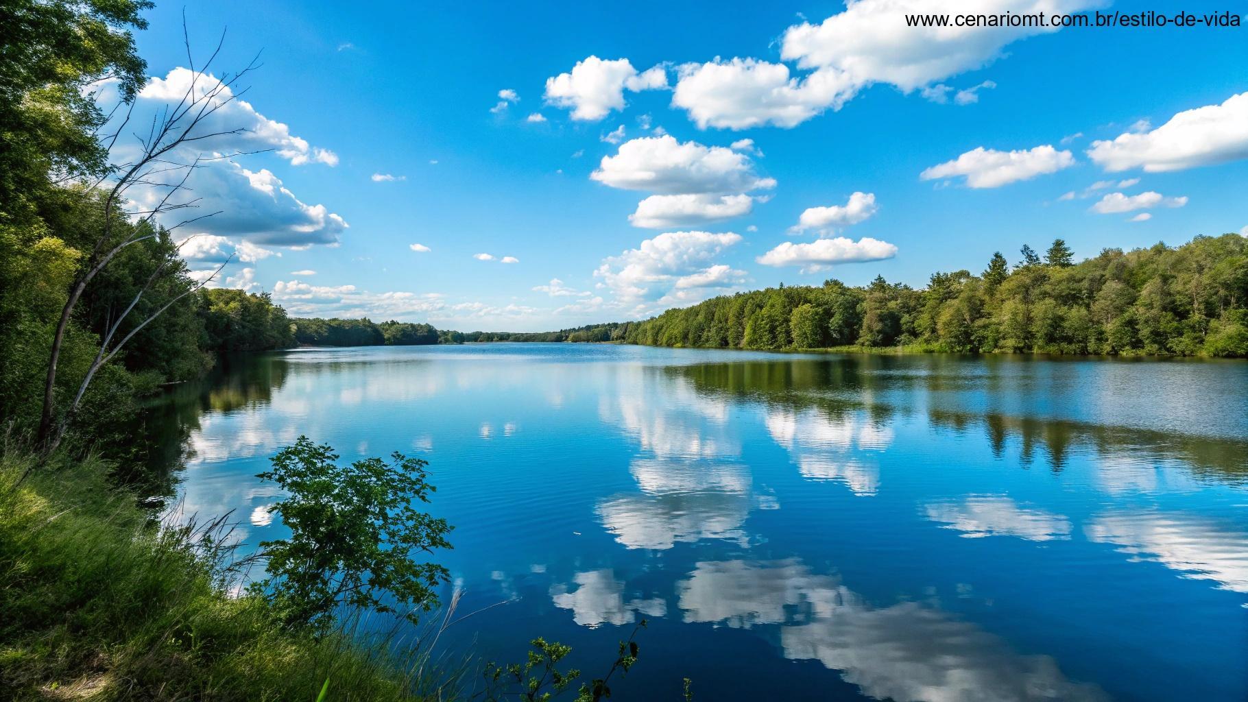 Imagem de um lago calmo refletindo o céu azul e a natureza ao redor, transmitindo tranquilidade e boas vibrações.