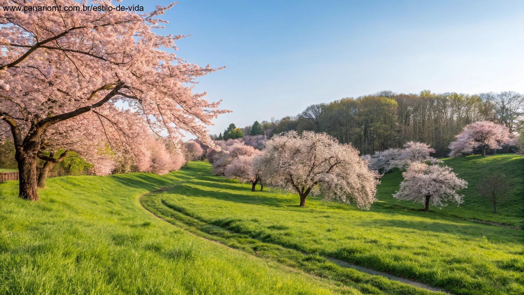 Paisagem primaveril com cerejeiras em plena floração, grama verde fresca e céu azul limpo