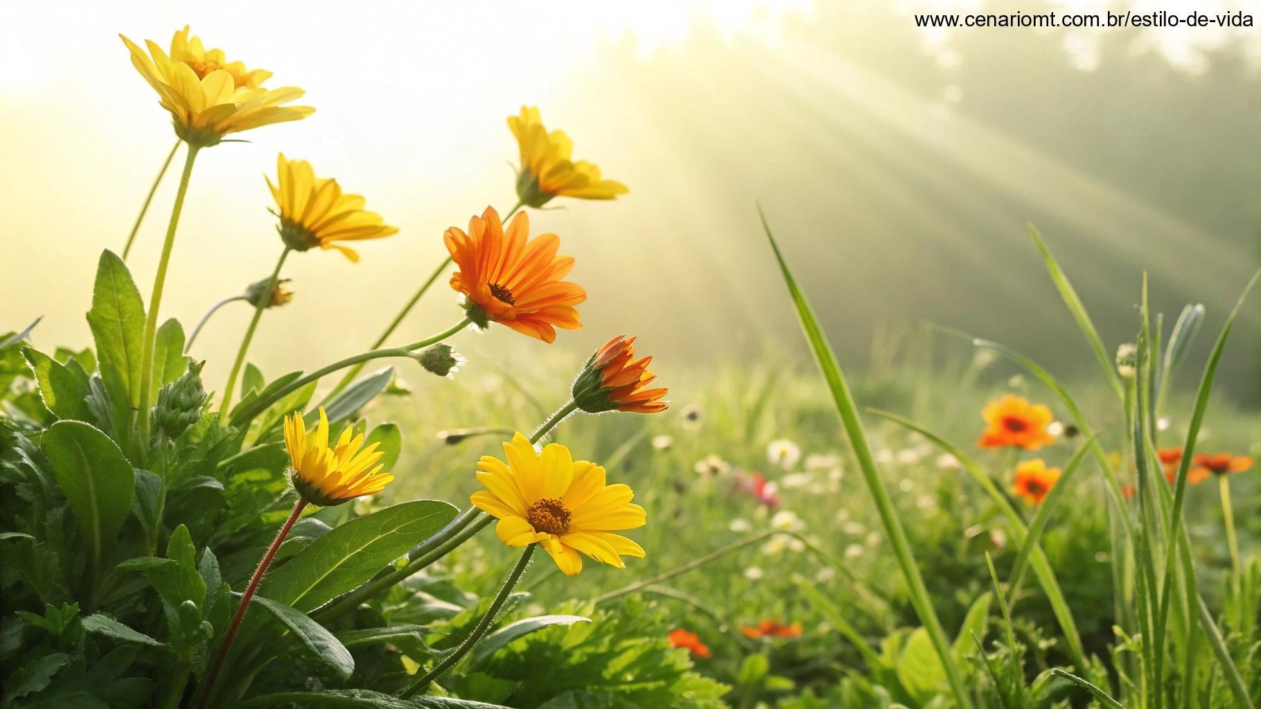 Design ensolarado com flores amarelas e laranja, folhagens verdes e um sol radiante, representando um bom dia abençoado para quarta-feira, 23 de abril de 2025.