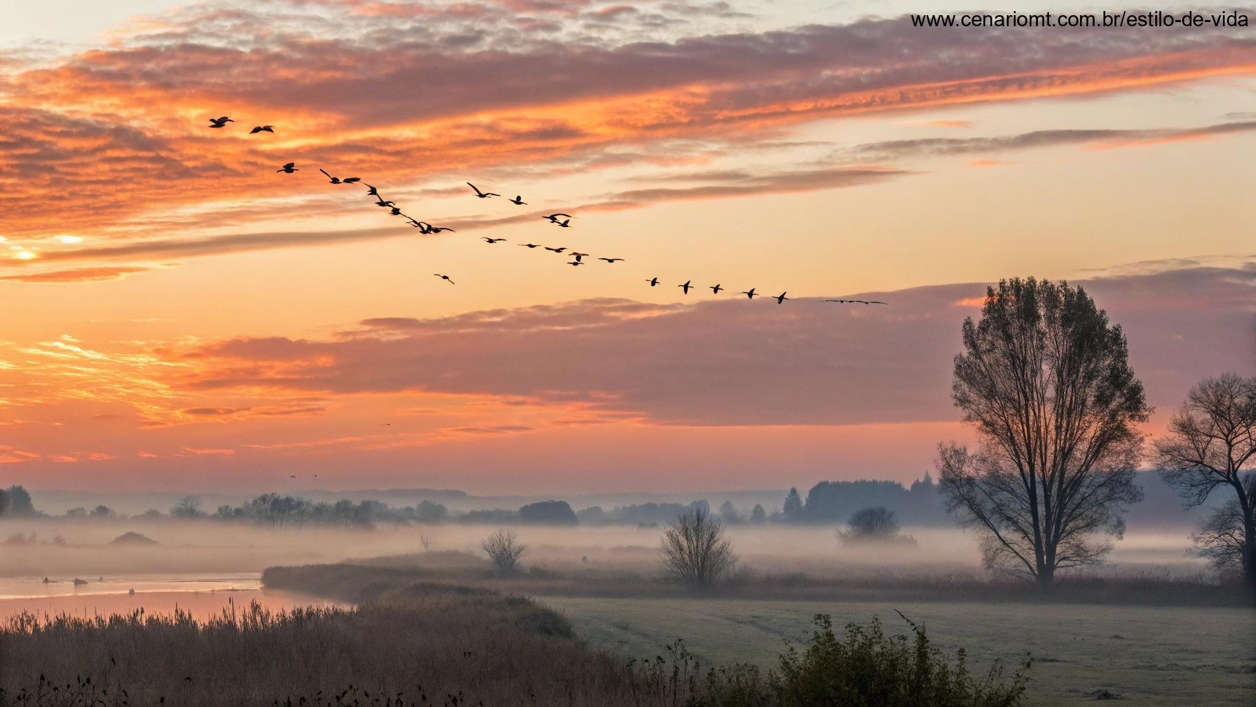 Linda aurora sobre uma paisagem tranquila com pássaros voando ao fundo, simbolizando o início abençoado de um novo dia e o espírito calmo da manhã de terça-feira.