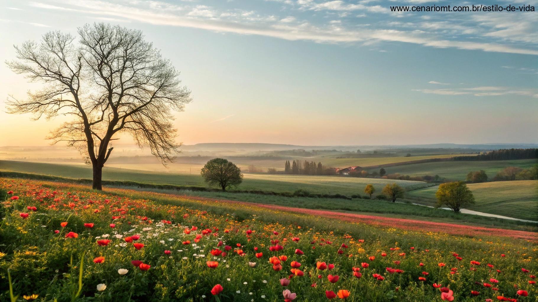 Uma paisagem serena com céu claro e um campo florido, simbolizando um começo brilhante e abençoado para a semana com paz e esperança.