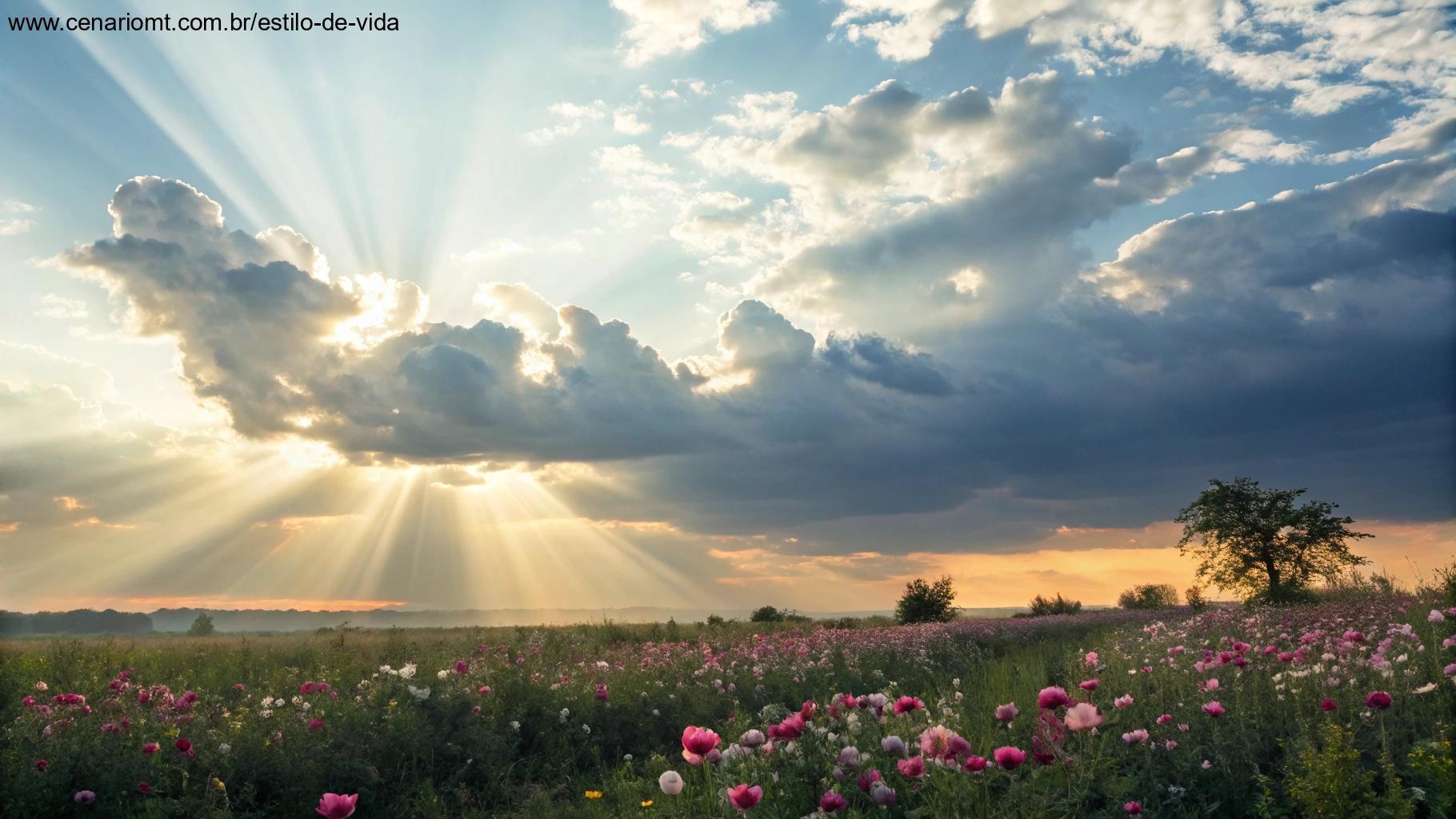 Campo florido iluminado por luz suave para inspirar fé e esperança