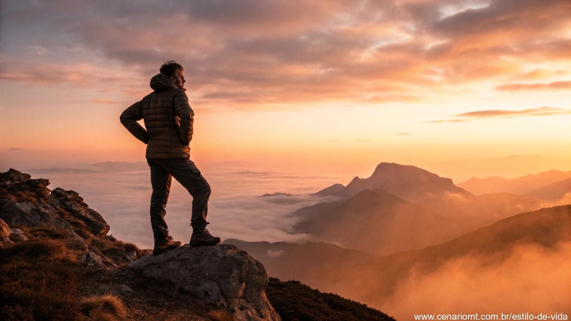 Cena de elevação com uma pessoa no topo de uma montanha ao amanhecer, sentindo-se confiante e pronta para enfrentar o dia.