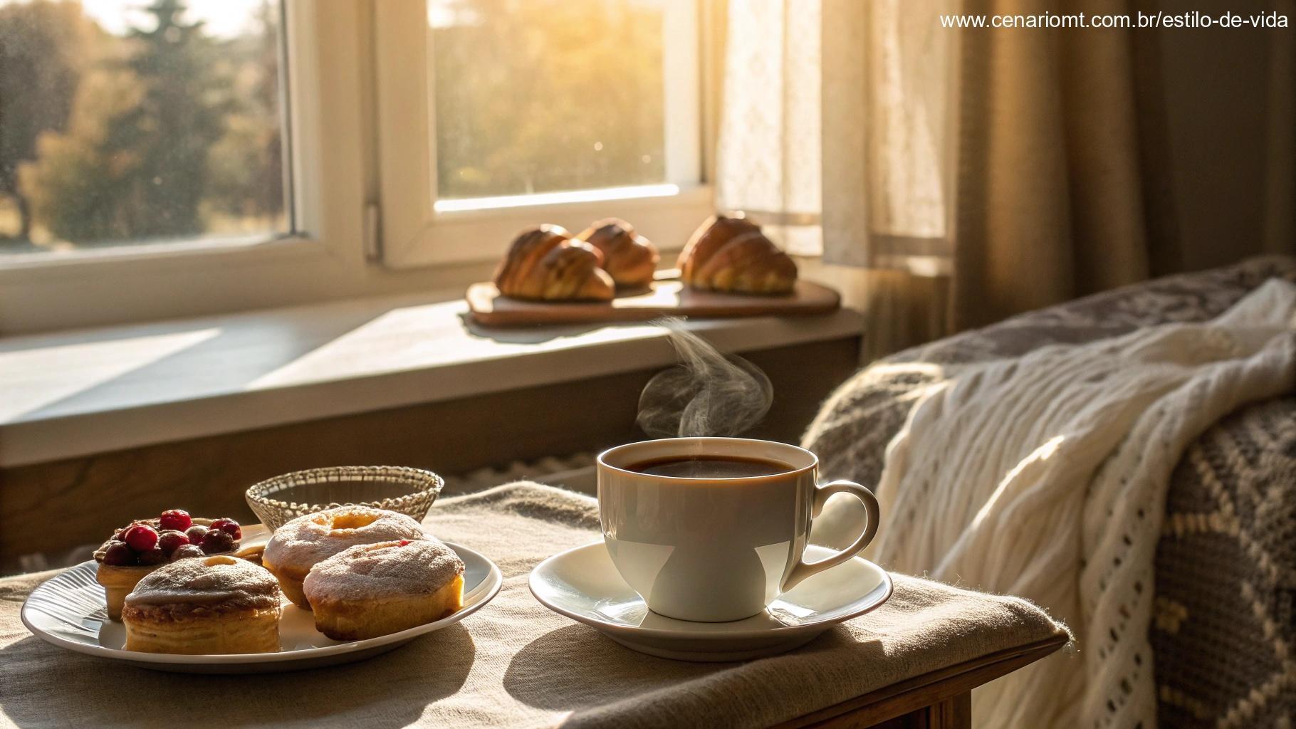 Cenário de café da manhã acolhedor, com uma xícara de café quente e doces, simbolizando uma manhã especial de domingo.