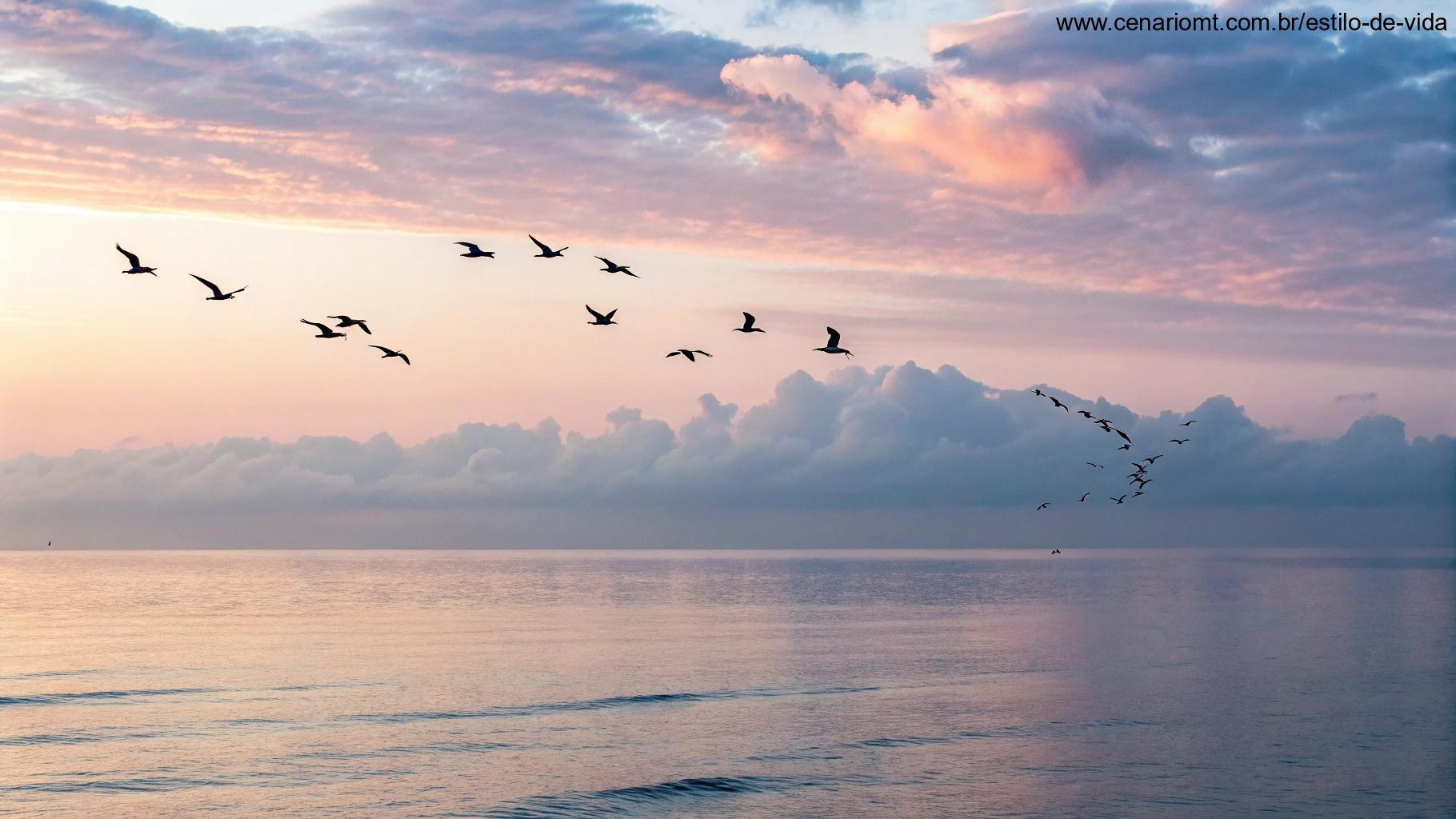 Manhã serena com pássaros voando sobre um mar calmo, o céu cheio de cores pastéis, simbolizando a paz e a presença do Senhor nesta manhã de segunda-feira.
