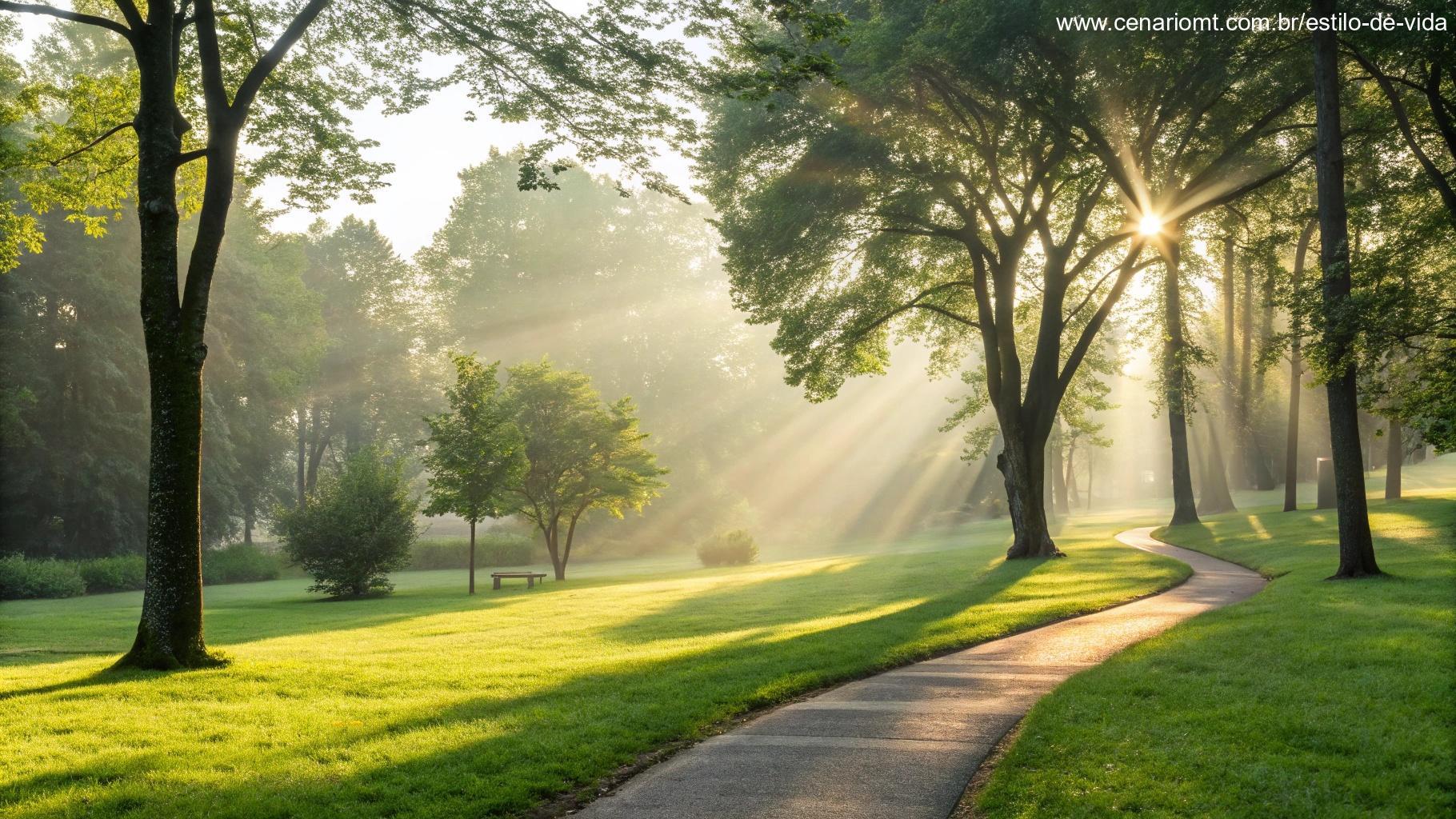 Manhã ensolarada e alegre com raios de sol passando pelas árvores em um parque tranquilo, simbolizando um novo começo e positividade.