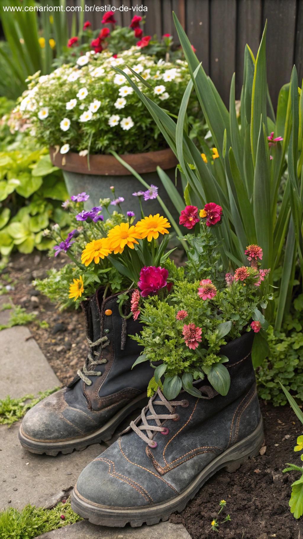 Botas usadas transformadas em vasos criativos de plantas