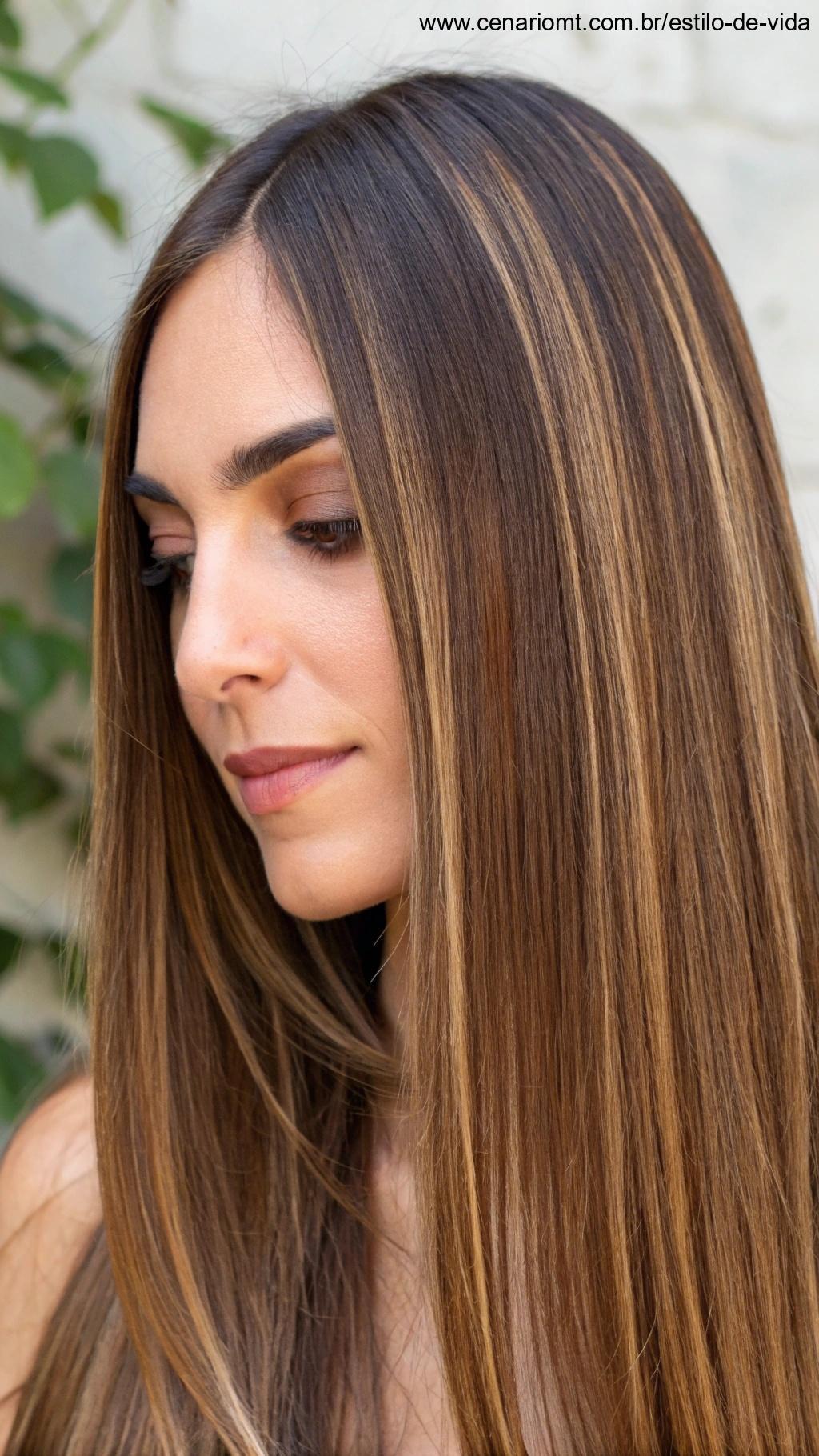 Cabelo longo liso com risca central brilhante e saudável