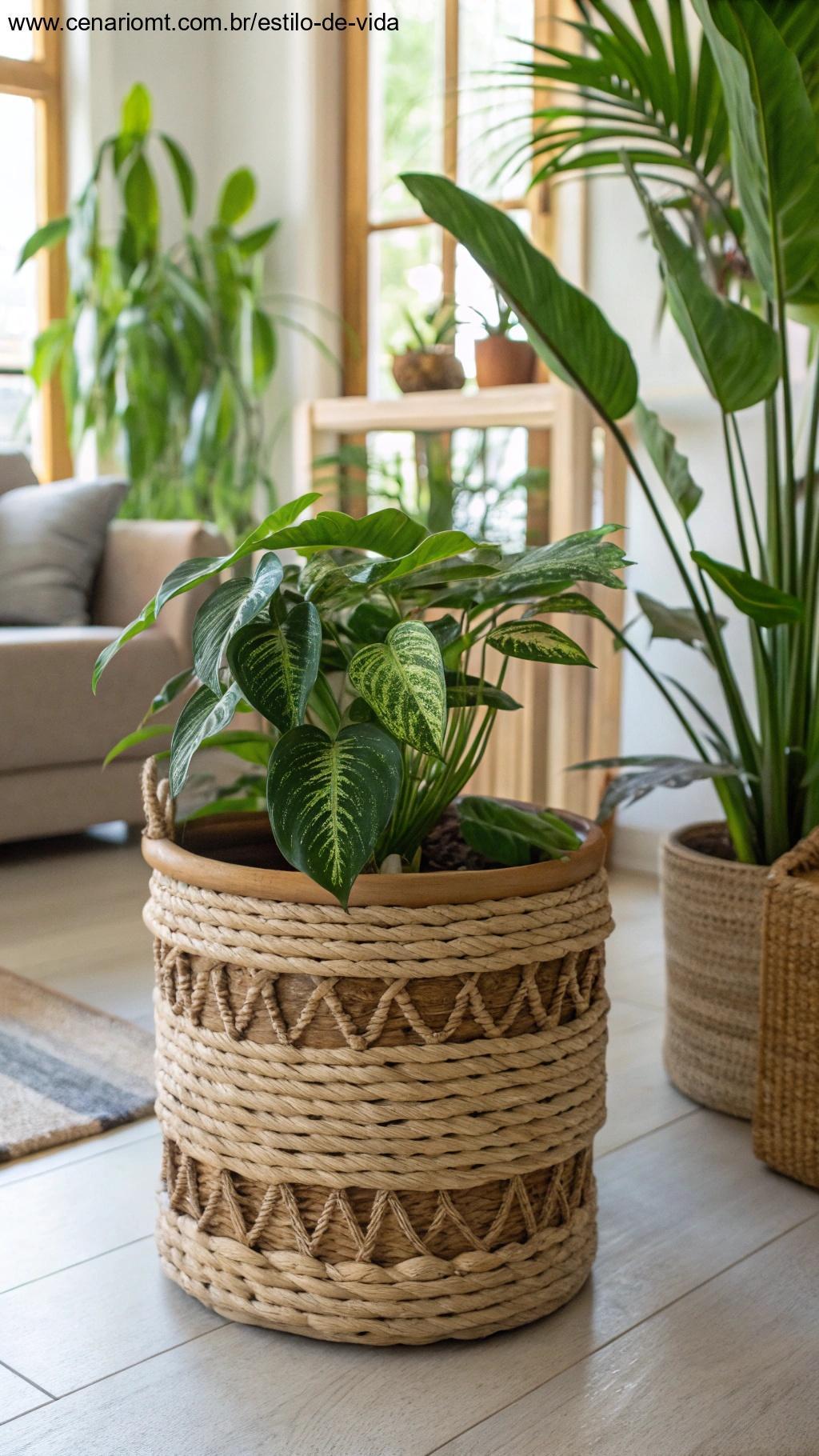Cachepô estilizado feito com cesto para plantas