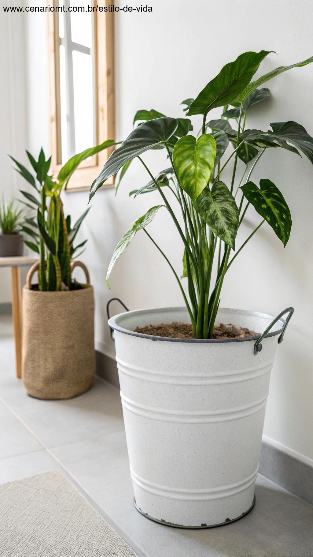 Cachepô moderno feito com balde reaproveitado em ambiente interno