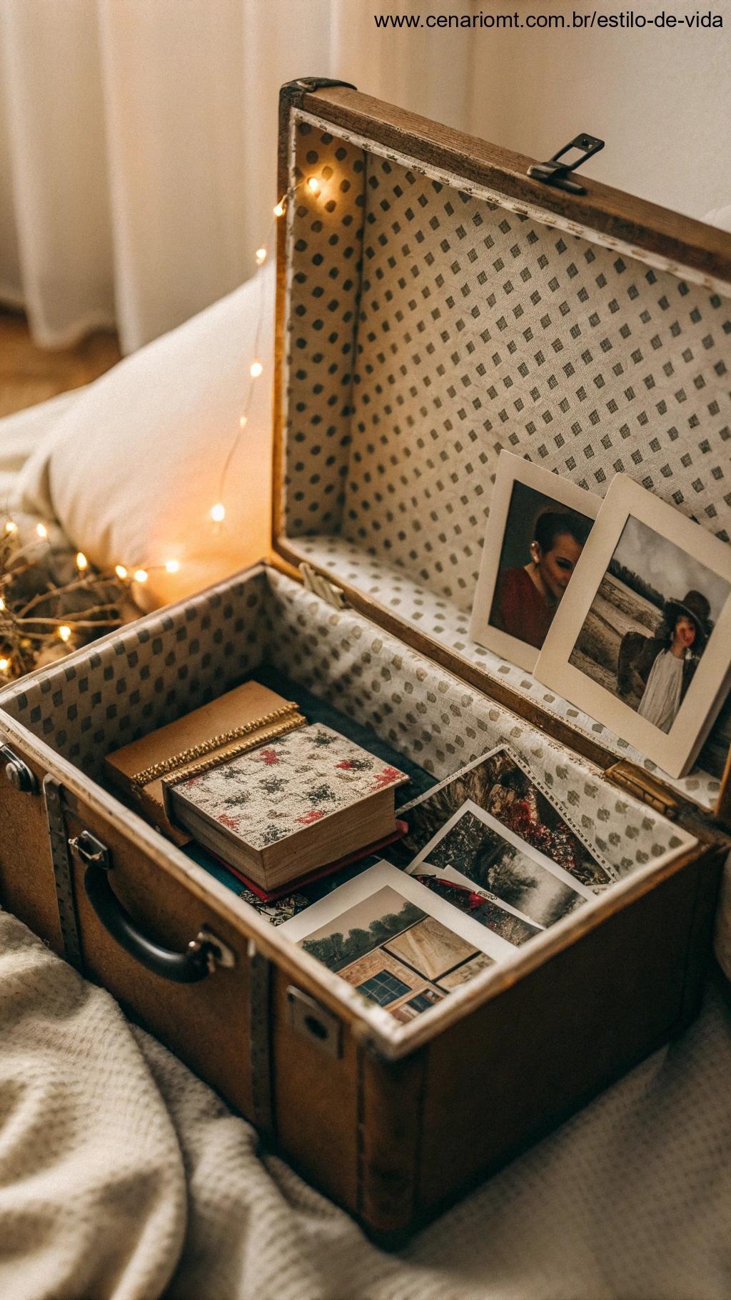 Caixa de lembranças com visual retrô e itens sentimentais