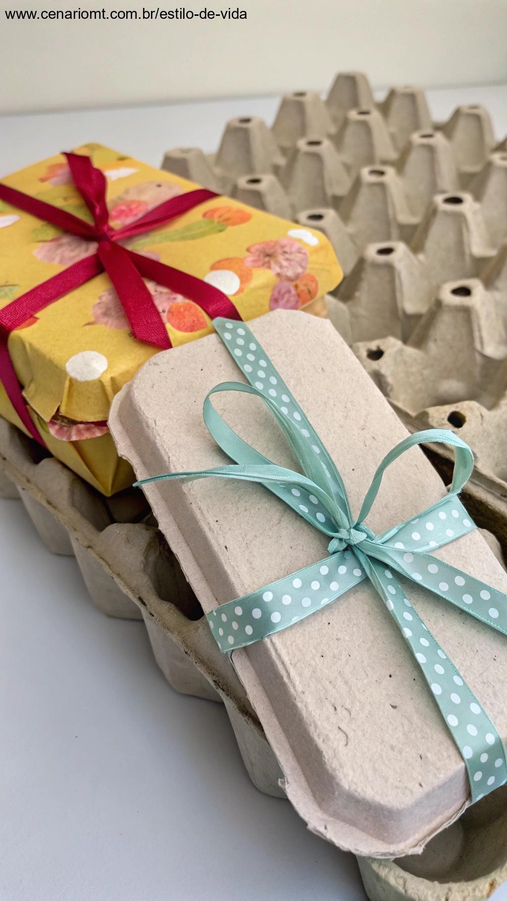 Caixas de presente customizadas feitas com caixas de ovos e fitas coloridas