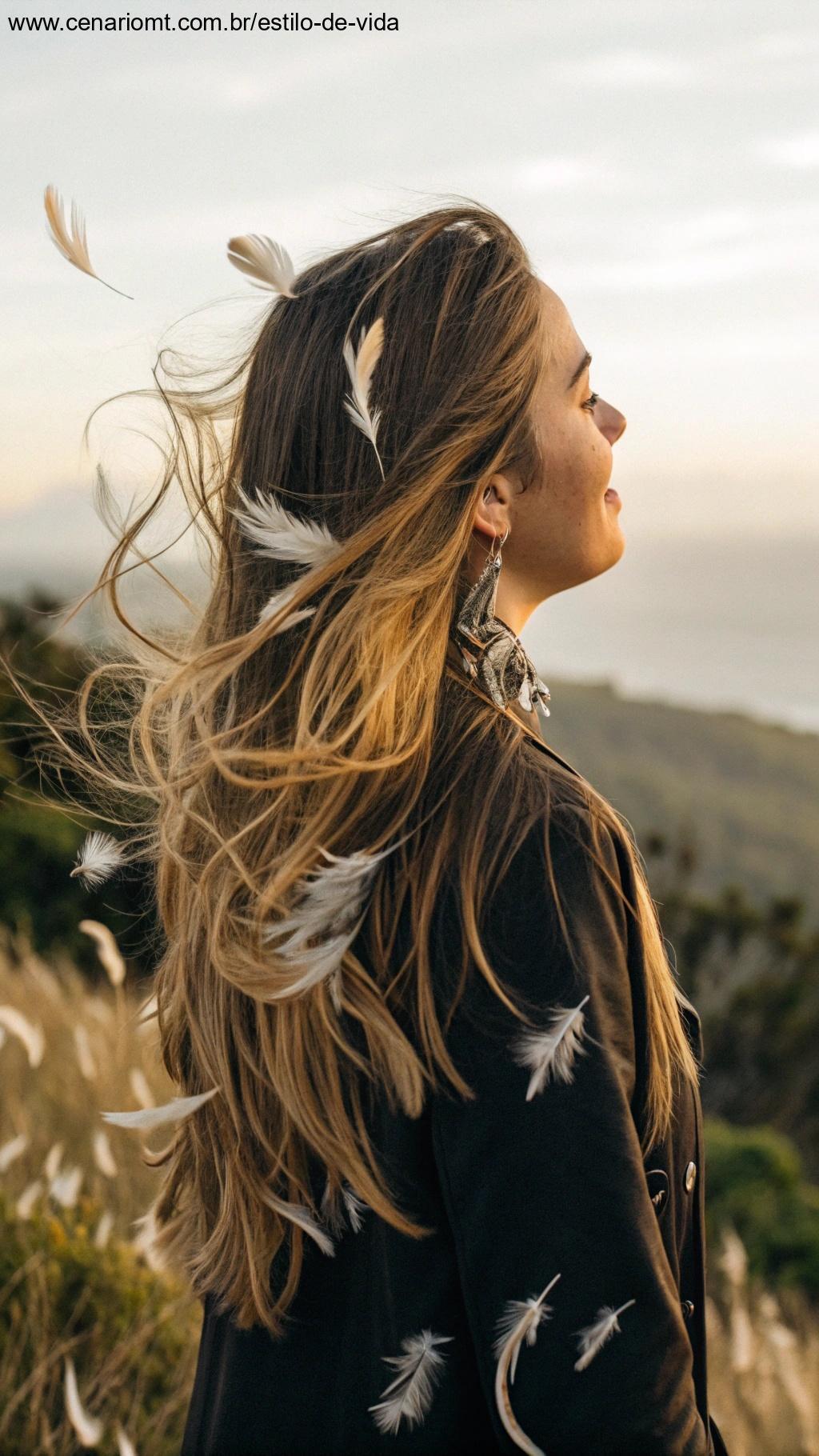 Camadas longas e desfiadas em cabelo feminino ao vento
