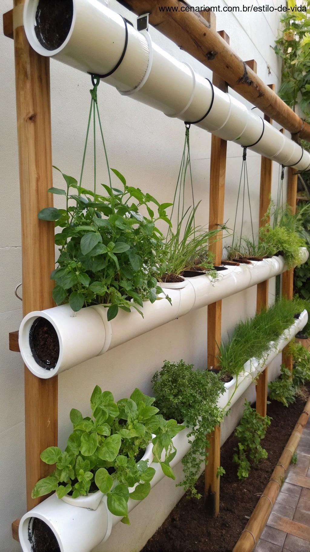Canos de PVC usados como vasos suspensos para plantas