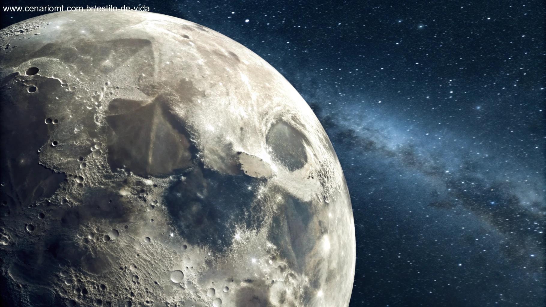 Vista detalhada da lua em 06/04/2025, destacando sua posição no céu, iluminação e elementos celestes ao redor