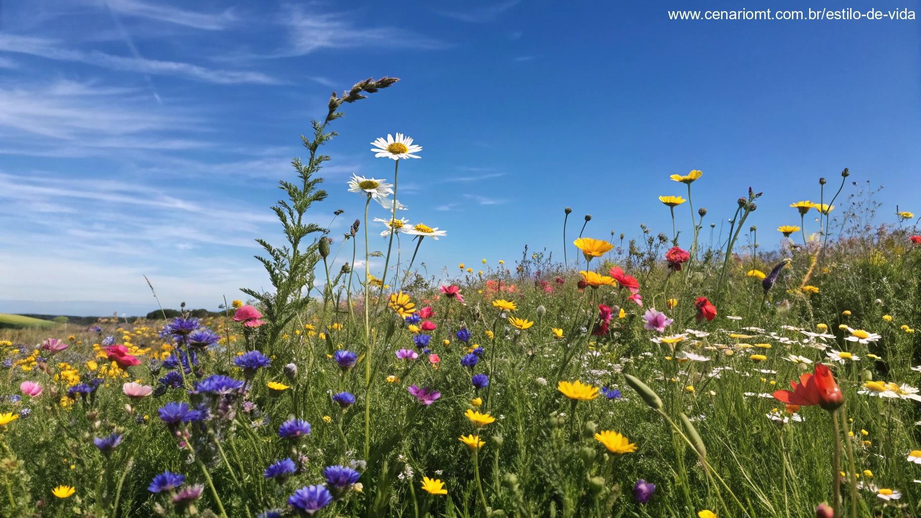 Campo vibrante de flores silvestres sob um céu azul limpo