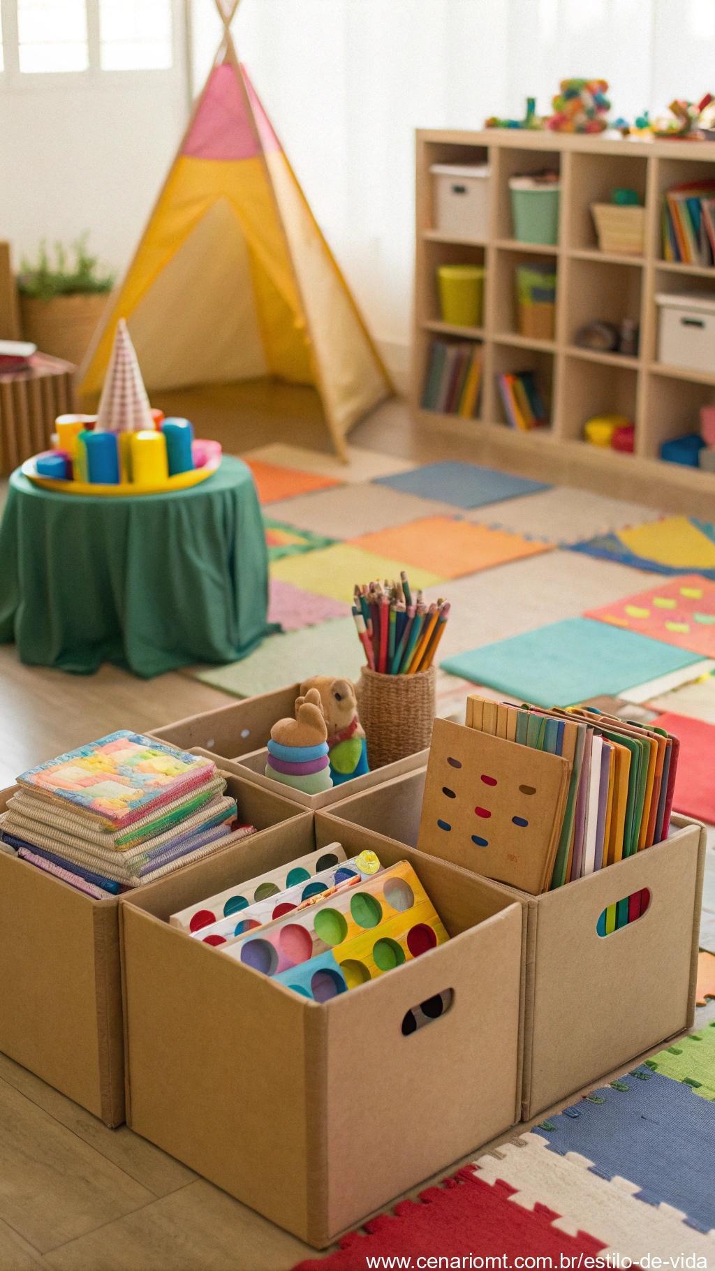 Centro de atividades infantil com caixas reaproveitadas