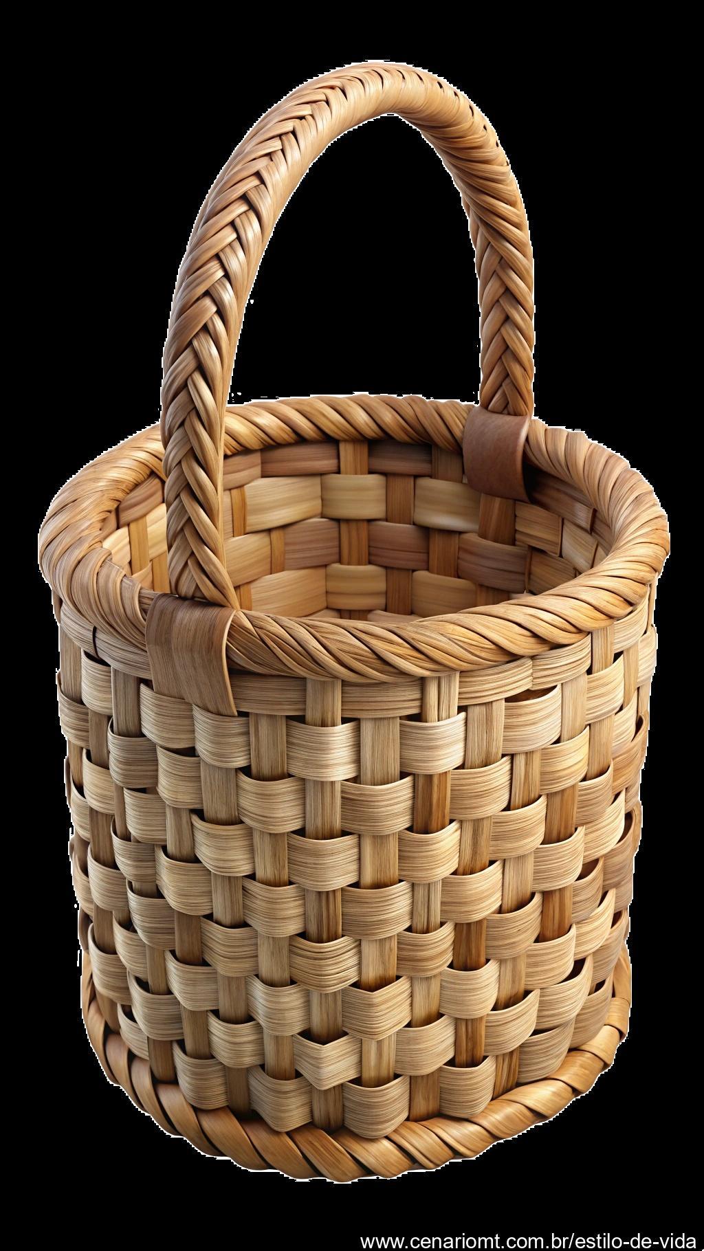Cesta trançada feita de jornal reciclado, mostrando técnicas detalhadas de trançado e um design rústico e ecológico.