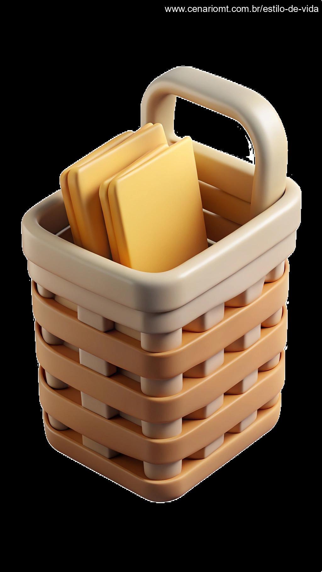 Cesto organizador feito de papel endurecido, com design limpo e minimalista para armazenamento em casa.