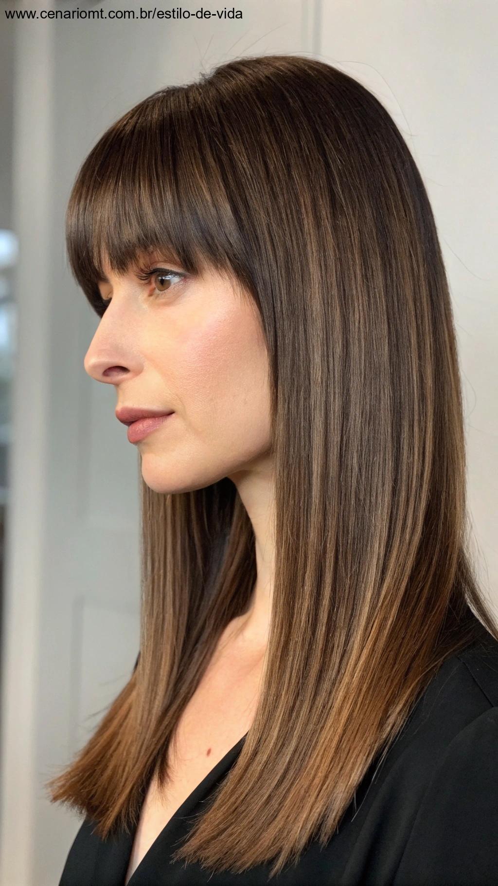 Corte chanel com base reta e franja longa