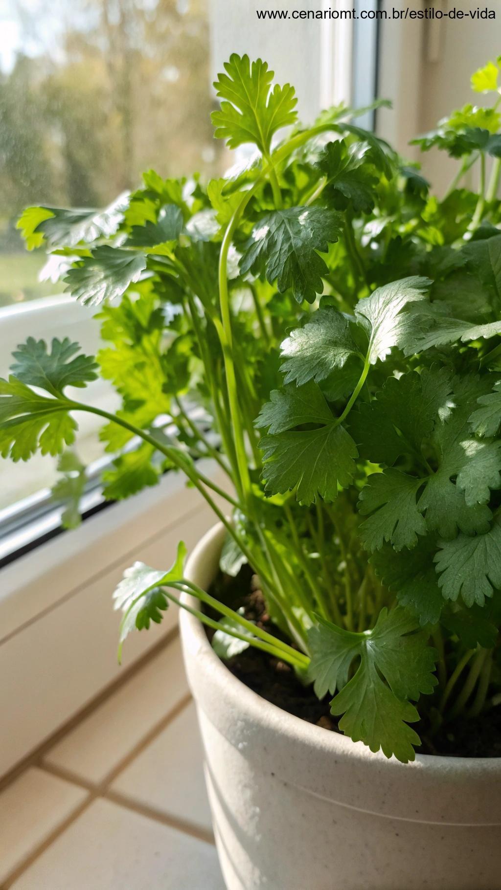 Coentro fresco cultivado na cozinha