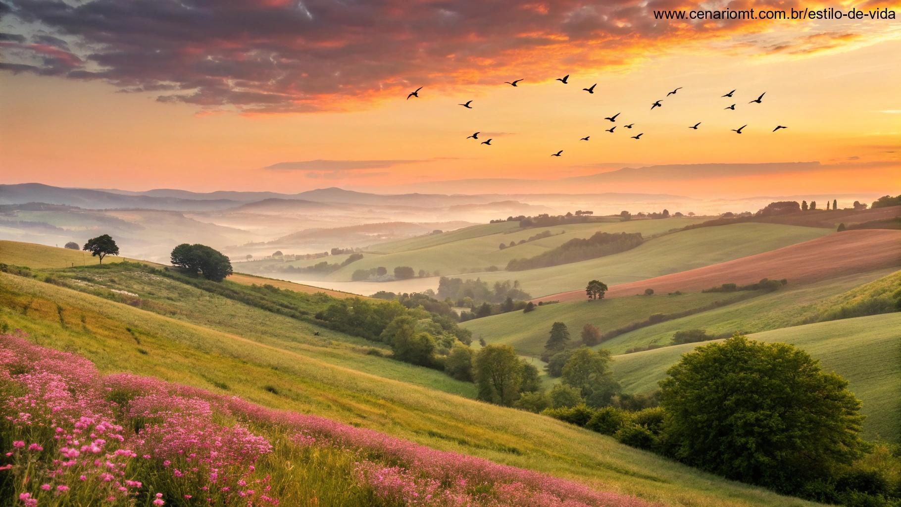 Cedo amanhecer sobre o campo tranquilo com colinas onduladas e flores florescendo, transmitindo otimismo.