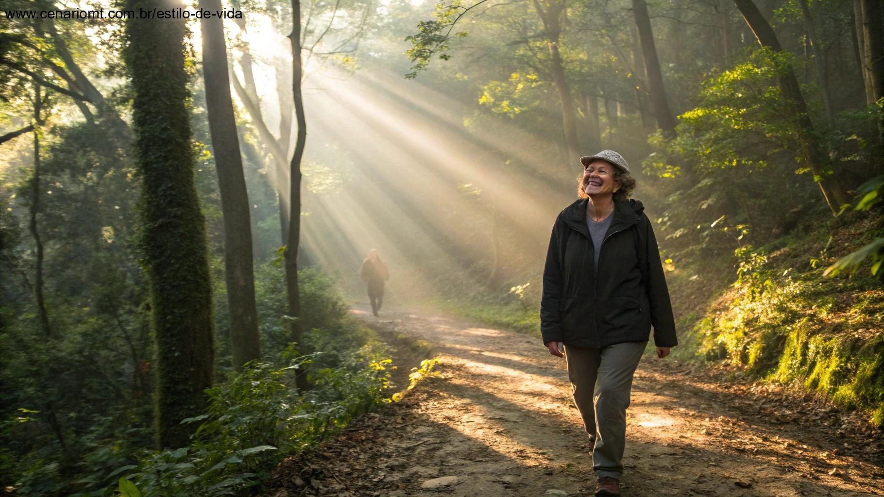 Imagem de uma pessoa caminhando em trilha com sol da manhã passando entre as árvores