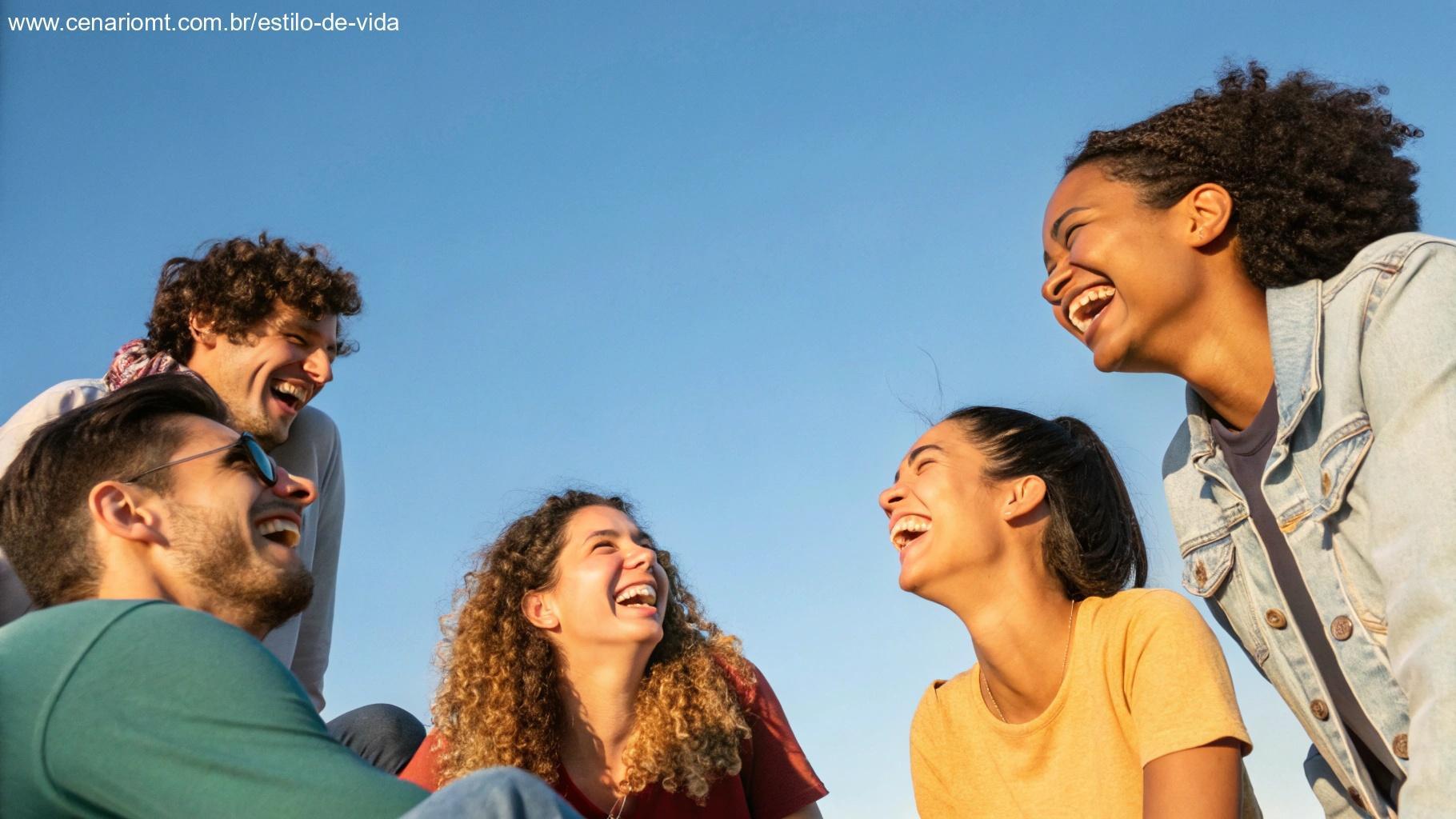 Grupo de amigos reunidos ao ar livre, espalhando positividade.