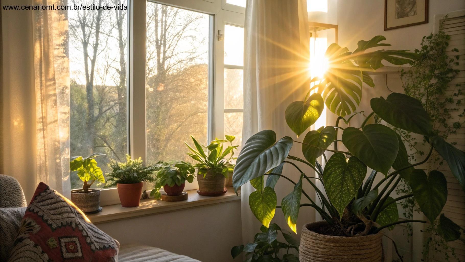 Luz do sol entrando pela janela com plantas e ambiente alegre para começar bem a terça-feira