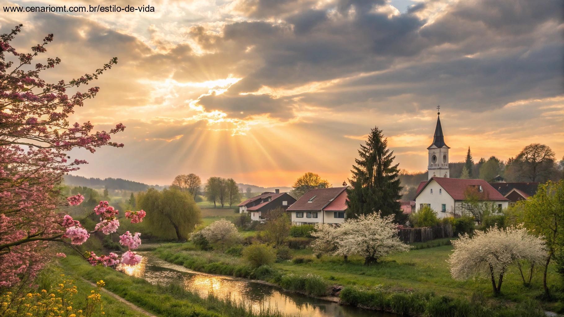 Céu radiante iluminando uma vila tranquila com flores ao amanhecer