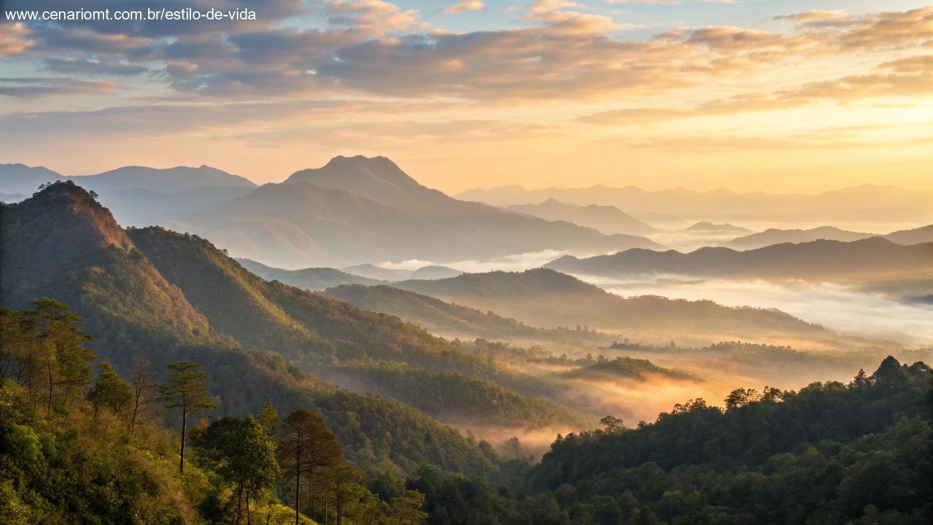 paisagem montanhosa ao amanhecer com luz dourada simbolizando fé e confiança