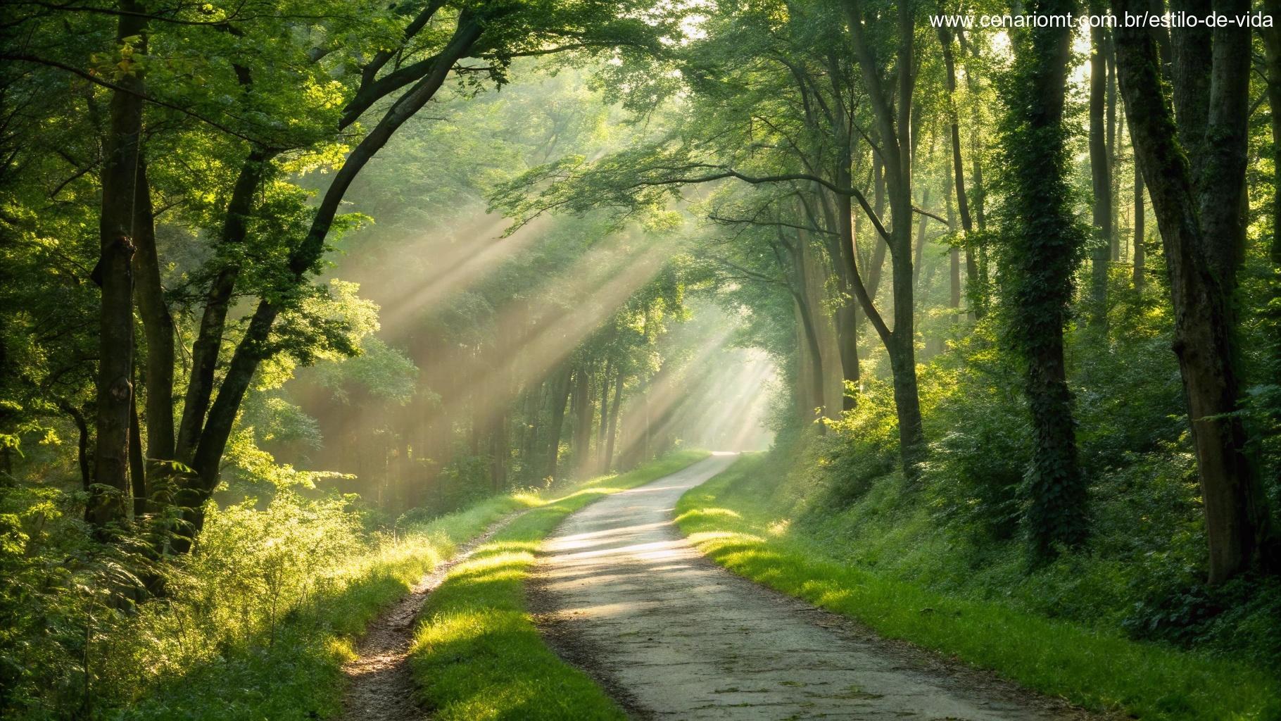 Imagem de uma trilha na floresta com luz do sol filtrando pelas árvores, representando esperança e renovação.