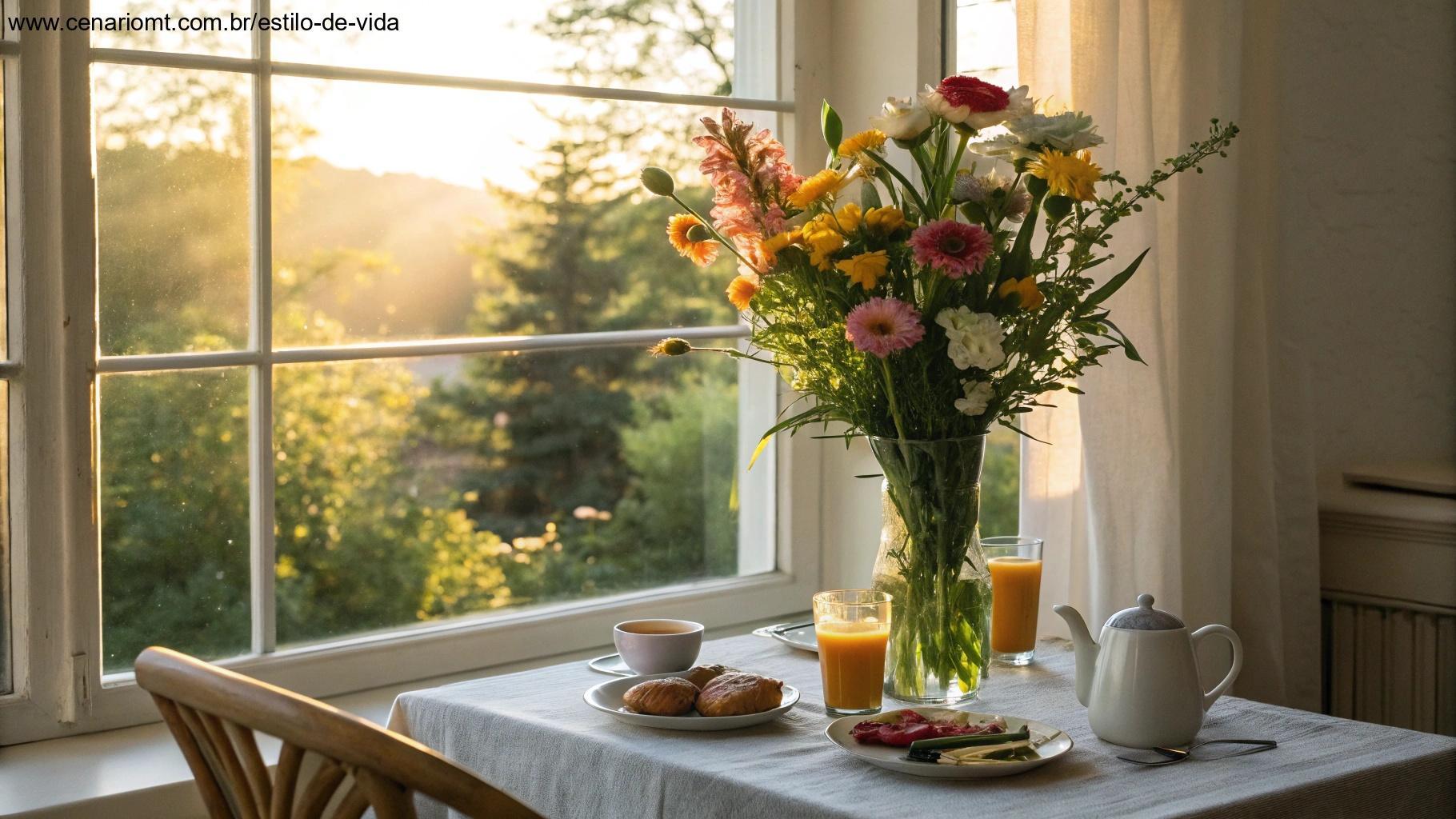 Mesa de café da manhã aconchegante com flores e luz do sol