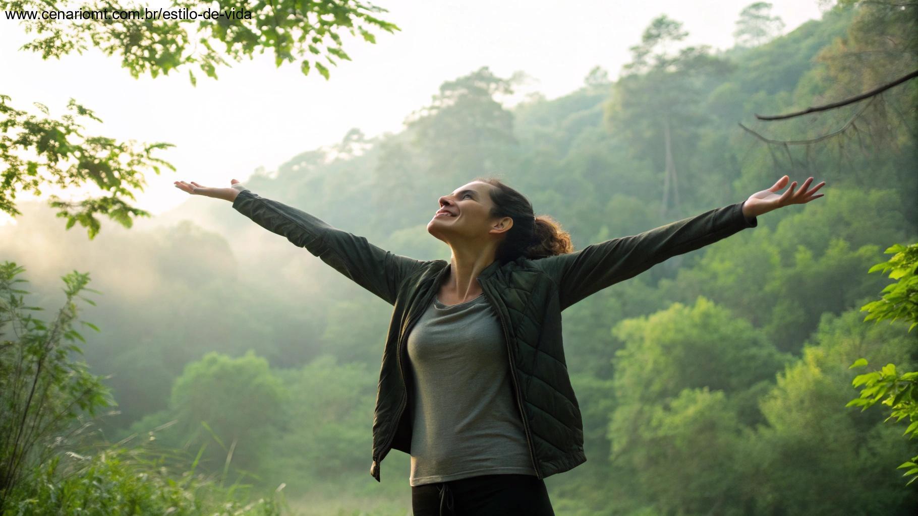 Mulher motivada recebendo a luz da manhã com atitude positiva