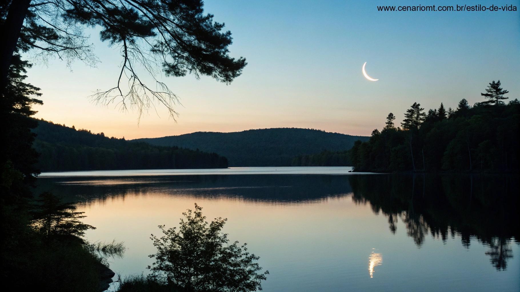 Um lago calmo refletindo a lua minguante em um cenário natural tranquilo, com as árvores e colinas ao redor suavemente delineadas pela luz que desaparece.